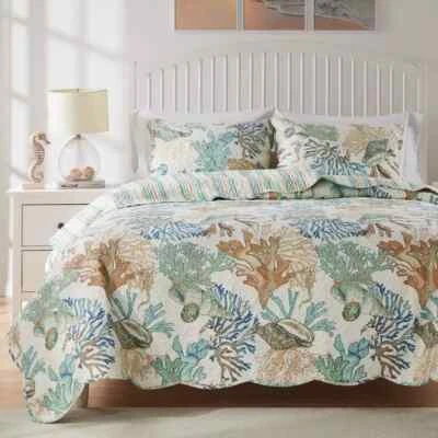 NEW!~ TROPICAL BEACH BLUE AQUA TEAL CORAL GREY NAUTICAL SEASHELL SAND QUILT SET