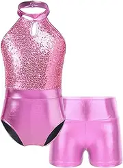 [inhzoy] Kids Girls Shiny Metallic Dance Outfits Sequins Halter Sleeveless Leotard with Booty Shorts Set