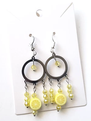 Beautiful Yellow Lemons Circle Chandelier Dangle Drop Earrings Glass Beads NEW