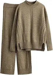 [Generic] Sweater Suits Women's Loose Twistted Knitted Pullover Tops Elastic Waist Wide Leg Pants 2Pc Set Tracksuits Lounge Sets