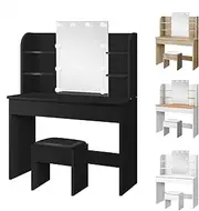 ALFORDSON Dressing Table Stool Set Makeup Vanity Desk with Mirror 10 LED Bulbs/Adjustable Brightness Light & Storage Drawer Chair, Dresser Vanity Table Organiser for Bedroom Dressing Room, Black