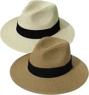 Straw Sunhat for Women Men 2 Packs Summer Beach Straw Sun Hat Foldable Straw Sun