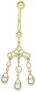 [JewelryWeb] 14ct Yellow Gold CZ Simulated Diamond 14 Gauge Dangling Drops Body Jewelry Belly Ring 44x17mm