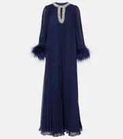 [Self-Portrait] Self-Portrait Plissé feather-trimmed chiffon maxi dress AU 4 blue