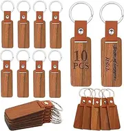 [BRUIQIM] 10pcs Leather Wood Keychain Blank, Wooden Keychain Blanks with Leather Strip Engraving Blanks Wood Blanks Unfinished Wooden Key Ring Key Tag Crafts Supplies