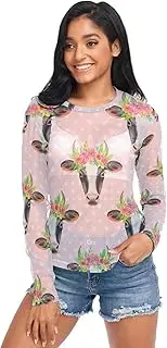 [RPLIFE] Cow Heads Flower Mesh Sleeve Tops for Women, Sheer Rave Top S-XXL