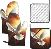 4 pcs Oven Mitts and Pot Holders Set 500°F Heat Resistant Oven Gloves and Hot Pads Kitchen Mittens Dove Sun Art Cooking Gloves Potholders for Baking Grilling