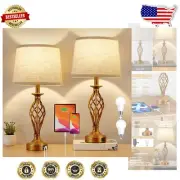 Minimalist Gold Base Table Lamp Set with USB C+A Ports - 2 LED Bulbs Included