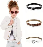 [Amexo] 3 Pack Girls Belts, Girls Adjustable PU Leather Belts With Fashion Cute Heart Buckle, Adjustable Girls Waist Belts length 90cm for girls aged 6-12 jeans dress and jacket, Black, White, Camel, 90