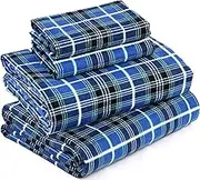 RUVANTI 100% Cotton 4 Pcs Flannel Sheets Queen Size, Deep Pocket, Warm, Super Soft, Breathable, Moisture Wicking Queen Sheets, Bed Sheets Include Flat, Fitted Sheet, 2 Pillowcase - Blue Plaid