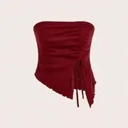 Strapless Asymmetrical Plain Crop Tube Top Wine Red - M