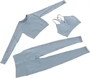 [Healeved] 1Set Seamless Yoga Outfit Long Sleeve Tops and Leggings Kit for Women Comfortable Stretchy Breathable Athletic Wear for Fitness and Exercise Blue