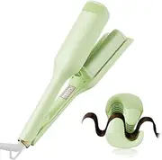 Wave Curling Iron Hair Crimper, 32mm Deep Waver Hair Curler Tool, 1.25 Inch Anti-Scald 2 Barrel Beach Ionic Waver Hair Curler for Women, Dual Voltage, Long Hold-Green
