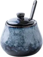 Antique Ceramic Sugar Bowl Salt Bowl With Lid And Spoon 8oz Seasoning (grey Blue) Seasoning Can