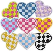 HEYTRCO 9PCS Star Iron on Patches, Cute Checkered Heart Embroidered Iron on Patches for Clothes, Custom Colorful Applique for Hats, Jeans, Jackets, Bags, Backpacks, Dress (Heart)