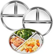 Qshare 3 Pack Stainless Steel Suction Baby Plate, 9 Inch Round Divided Toddler Plates, Dinner Snack Plates with 3 Compartment, Divided Tray Food Serving Platter for Kids (Stainless Steel Plate)