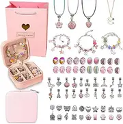 Charm Bracelet Making Kit for Girls, 68PCs Charm Bracelets Kit with Jewelry Box, Jewelry Charms, Bracelets for DIY Craft, Jewelry Gift Adults and Kids, Present for 8-12 Year Old Girl Colorful (Pink)
