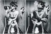 Black&White Smoked Woman Girl on The Toilet Print Wall Art Décor for Water Closet Toilet, Uninhibited Unruly Capricious Wayward Girl Portrait Photography Art Canvas Print Poster Pictures Paintings Murals,No Frame