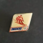 NEW VINTAGE 1991 USA OLYMPIC SNOW SKIING SNICKERS CANDY ADVERTISING PIN PINBACK
