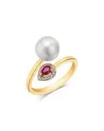 Bloomingdale's Fine Collection Freshwater Pearl, Ruby, & Diamond Bypass Ring in 14K Yellow Gold
