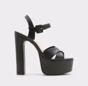 Camelia by ALDO Black REAL leather ankle strap platform 6" block heels, SZ 7
