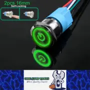 2 x 16mm Metal Push Button Switch Green LED 12-24V Pre-Wired Self-Locking Switch