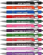 Enyeopd 12 Pack Funny Inspirational Quotes Snarky Ballpoint Pens with Stylus Tip, Blackink Pens Encouraging Scriptures Stylus Pen, 1.0mm (12 Color, Negative)