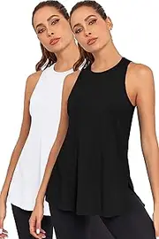 [TAIPOVE] Pima Cotton Womens Racerback High Neck Tank Top Workout Yoga Shirt Side Slit Sleeveless Flowy Basic Layer, Black/White, Small