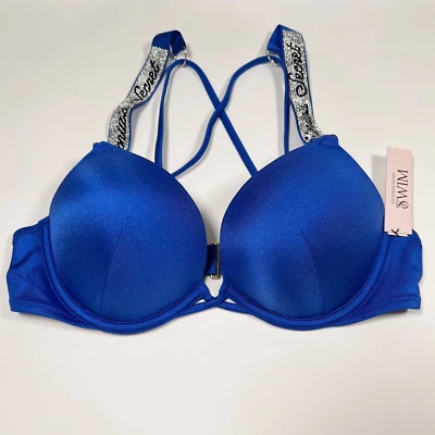 Victoria Secret 34C Bombshell Push Up Bikini Top LOGO Shine Strap Blue