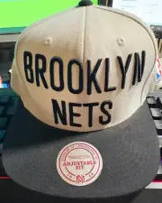 Brooklyn Nets Mitchell & Ness Snapback Hat Cap White Black NBA Spellout Logo