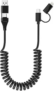 USB C and Lightning Cable 2 in 1 60W [PD Charge & MFi & Data] Coiled Cable Short Support CarPlay & Android Auto, 4 in 1 Charging Cable Combo Type C/Lightning/USB A for iPhone 15 14/Android/Pad/Laptop
