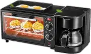 3-in-1 Breakfast Maker Station, 9L Breakfast Machine, Mini Toaster, 100℃-230℃ Electric Oven, Coffee Maker, Multifunction Maker for Apartments Kitchenettes, 1250W, Black