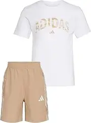 [adidas] Boys Short Sleeve Cotton Tee Shirt and Camo 3-stripe Woven Short Set