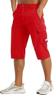 [MAGCOMSEN] Men's Workout Gym Shorts Quick Dry 3/4 Capri Pants Zipper Pockets Hiking Athletic Running Shorts, Red, 36