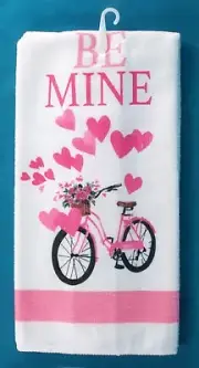 Be Mine Valentine's Day Kitchen Towel White with Pink Hearts and Bicycle