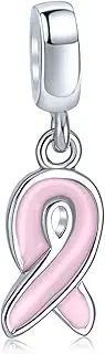 [Bling Jewelry] Empowering Elegance Pink Ribbon Awareness Enamel CZ Glass Dangle Breast Cancer Survivor Charm Bead For Women Genuine .925 Sterling Silver - Fits European Bracelet