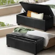 Oikiture Storage Ottoman Blanket Toy Box Faux Leather Linen Arm Stool Chest