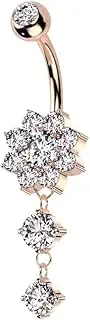 [Pierced Owl] 14GA 316L Stainless Steel CZ Crystal Flower with Dangling Double Gem Drop Belly Button Ring