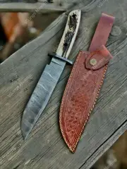 Bowie Knife Handmade 13" Damascus Steel Sharp Knife Stag Antler Handle Knife