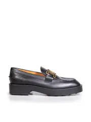 Black Leather Logo Slip On Loafers