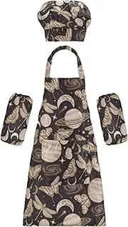 AIXIWAWA Kids Apron Chef Hat Set, Child Kitchen Bib Aprons Adjustable for Cooking Baking Painting (Planet Butterfly)