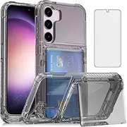 [Asuwish] Phone Case for Samsung Galaxy S23 5G Clear Transparent Wallet Cell Cover with Tempered Glass Screen Protector and Slim Credit Card Holder Slot S 23 23S GS23 G5 SM-S911U 6.1 inch Women Men Grey