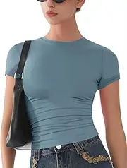 [ARCFEETORY] Short Sleeve T-Shirts Women's Crew Neck Summer T-Shirts Basic Tight Y2k Tee Tops Plain Shirts XS-XXL, Dust-Blue, XS