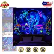 Psychedelic Neon Galaxy Wall Tapestry - Astronaut Jellyfish & Fantasy Plants 92"