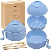 Romooa 1 Set Microwave Ramen Bowl Set 33 oz Wheat Straw Instant Ramen Cooker Set Portable Noodle Cooker with Handle Noodle Bowl with Spoon Chopsticks Fork College Dorm Room (Light Blue)