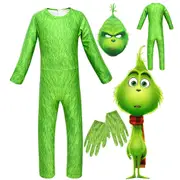 Christmas The Grinch Kids Costume Fancy Dress Jumpsuit Gloves Scarf Mask Outfit - 10-12 Years