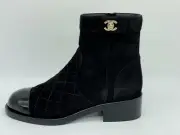 CHANEL 20K Suede Cap Toe Quilted CC Turnlock Flat Ankle Booties Boots $1475
