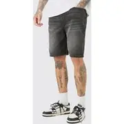 Mens Tall Elasticated Waist Relaxed Fit Denim Shorts In Washed Black