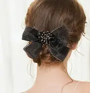 Yheahin Soft Bow-knot Hair Clip with Crystal Beads Large Tulle Hair Bow Barrette Bridal Wedding Dance Party Headpiece Princess No Slip Hair Accessories for Women (Black)