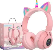LED Illuminated Unicorn Kids Headphones with Wireless Bluetooth Suitable for Girls and Boys Ideal for Laptop Tablet and Birthday Gift PINK 2